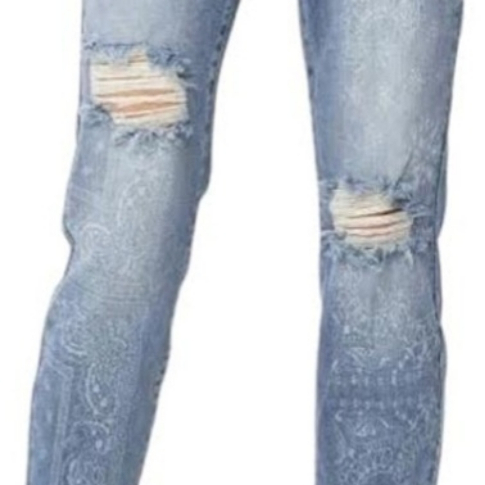 JUDY BLUE Paisley Contrast Print Distressed Denim, EUC, Sz 1/25 (Run BIG!)💙🩵